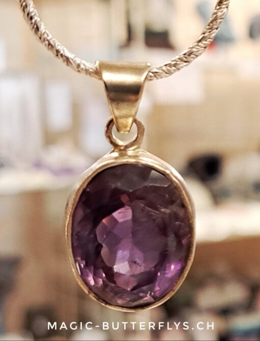Schmuckset Amethyst Anhänger TOP EXTRA mit Silberfassung, Silber 925 und Silberkette, Silber 925 1.8 mm 50 cm + 3 cm oder Lederband