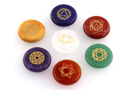 Edelstein Chakra-Set mit Chakra Symbolen, rund 30 mm 7 Heilsteine - Geschenkidee